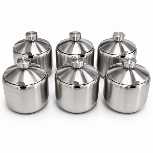 6-Piece Stainless Steel Condiment Jar Set with Lids & Spoons – Modern Kitchen Spice and Seasoning Containers