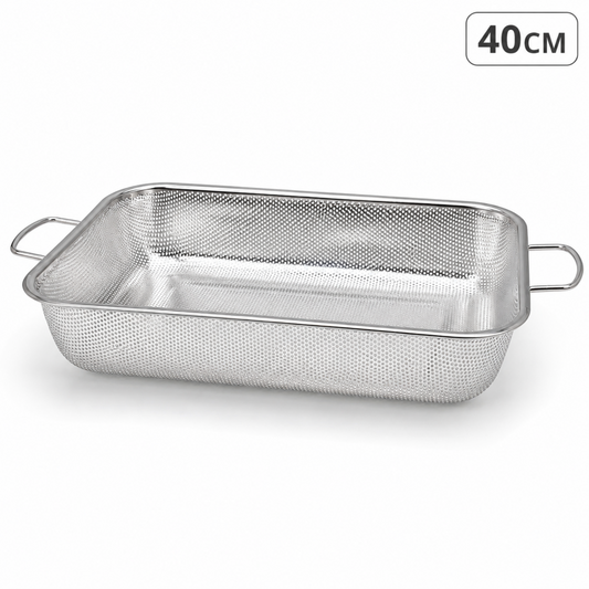 40CM Mesh Perforated Steaming & Draining Tray with Handles – Rectangular Metal Basket