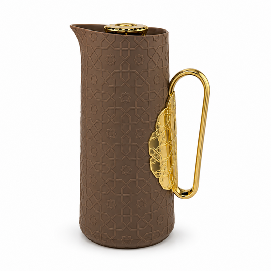 Modern Arabic 1.0L Vacuum Flask – Brown Geometric Beverage Server with Gold-Tone Handle