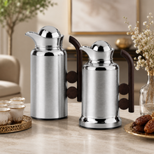 Modern Silver Vacuum Flask Set with Abstract Handle, Silver and Brown, 2-Piece Beverage Server Set