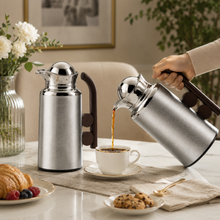Modern Silver Vacuum Flask Set with Abstract Handle, Silver and Brown, 2-Piece Beverage Server Set