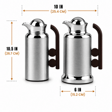 Modern Silver Vacuum Flask Set with Abstract Handle, Silver and Brown, 2-Piece Beverage Server Set