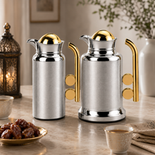 Modern Silver & Gold Vacuum Flask Set with Abstract Handle – 2-Piece Beverage Server Set