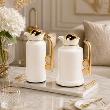 Modern White & Gold Vacuum Flask Set with Abstract Handle – 2-Piece Beverage Server Set