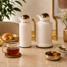 Modern Silver Vacuum Flask Set with Abstract Handle - White + Gold