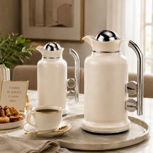 Modern White & Silver Vacuum Flask Set with Abstract Handle – 2-Piece Beverage Server Set