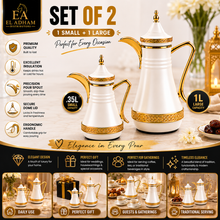 Premium White & Gold Arabic Dallah Thermos Set - 0.35L + 1.0L