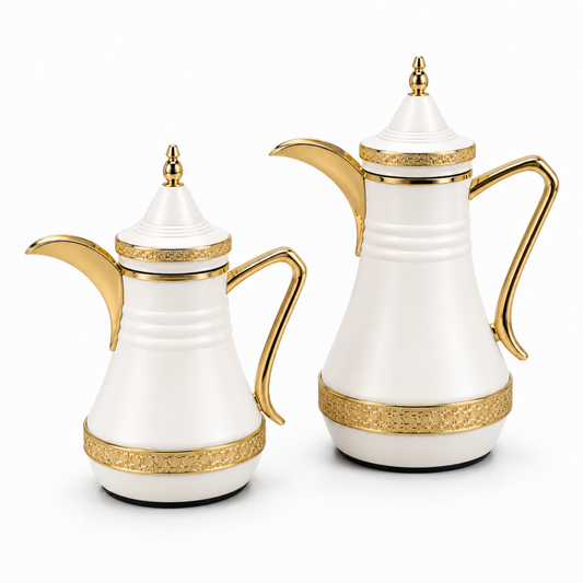Premium White & Gold Arabic Dallah Vacuum Flask Set, 2-Piece Coffee and Tea Servers, 0.35L + 1.0L