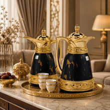 Luxury Black and Gold Arabic Dallah Thermal Flask Set, Marble-Effect Finish, 0.7L and 1.0L Coffee Servers