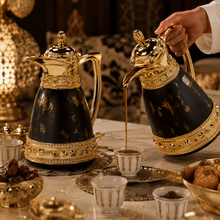 Luxury Black and Gold Arabic Dallah Thermal Flask Set, Marble-Effect Finish, 0.7L and 1.0L Coffee Servers