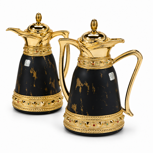 Luxury Black & Gold Arabic Dallah Thermos Set - Marble Finish - 0.7L + 1.0L