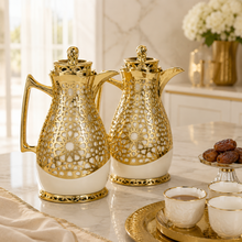Gold and Ivory Arabic Dallah Thermal Flask Set, Two 1-Liter Insulated Coffee and Tea Servers