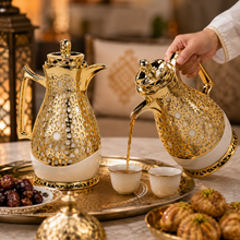 Gold and Ivory Arabic Dallah Thermal Flask Set, Two 1-Liter Insulated Coffee and Tea Servers