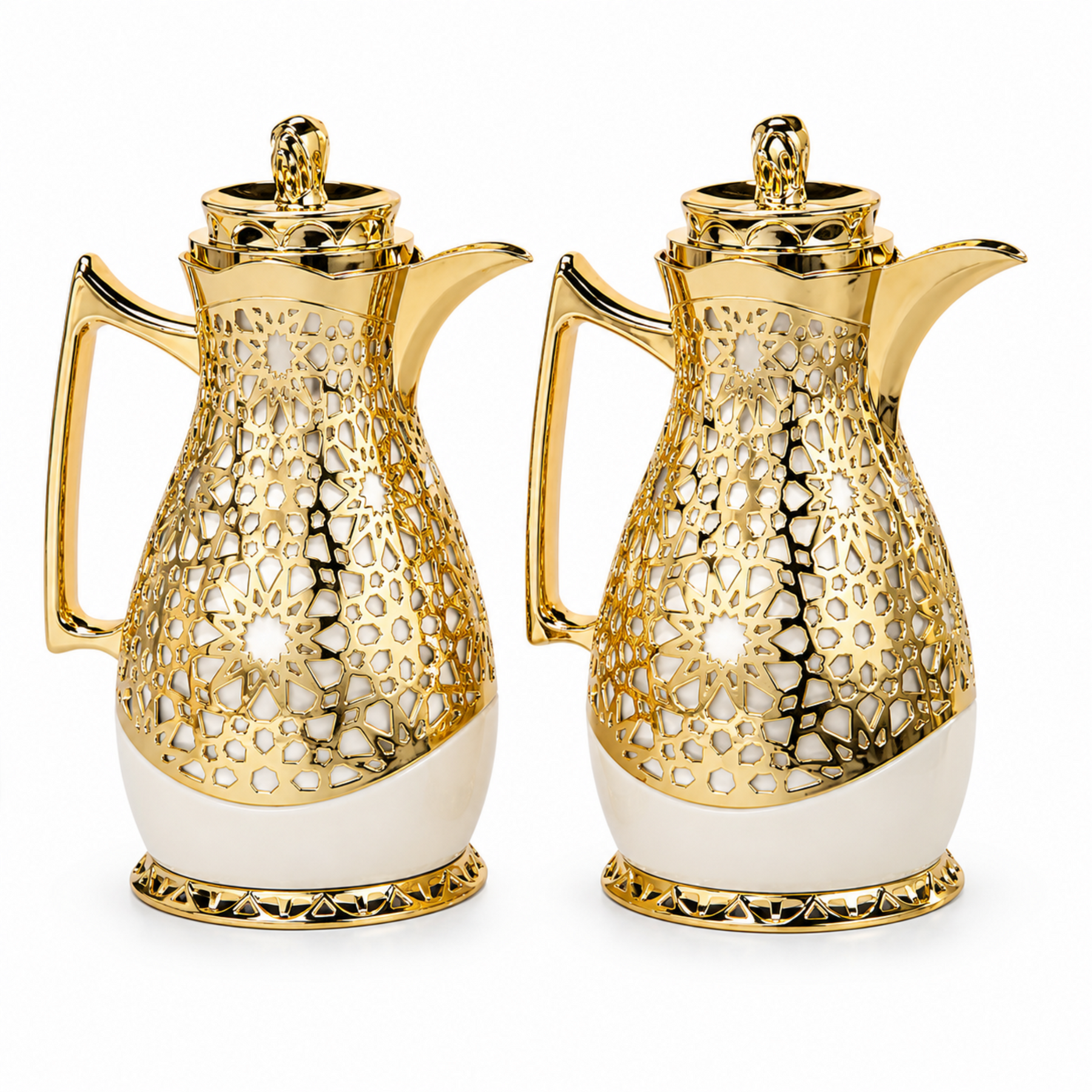 Gold and Ivory Arabic Dallah Thermal Flask Set, Two 1-Liter Insulated Coffee and Tea Servers