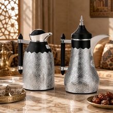 Black and Silver Geometric Arabic Dallah Thermal Flask Set, 0.7L and 1.0L Coffee and Tea Servers