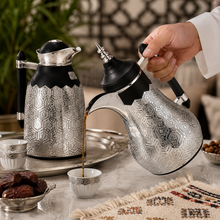 Black and Silver Geometric Arabic Dallah Thermal Flask Set, 0.7L and 1.0L Coffee and Tea Servers