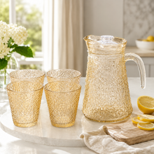Amber Hammered Glass Pitcher and 4-Piece Tumbler Set with Lid, Textured Drinkware Serving Set