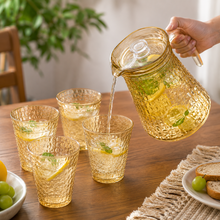 Amber Hammered Glass Pitcher and 4-Piece Tumbler Set with Lid, Textured Drinkware Serving Set