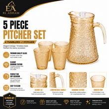 Amber Hammered Glass Pitcher and 4-Piece Tumbler Set with Lid, Textured Drinkware Serving Set