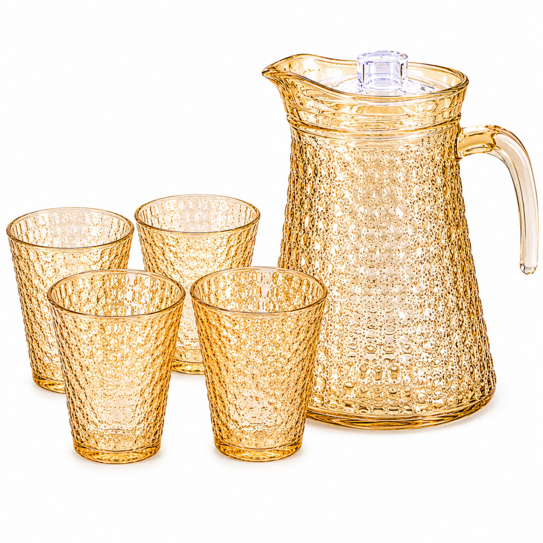 Amber Hammered Glass Pitcher and 4-Piece Tumbler Set with Lid, Textured Drinkware Serving Set