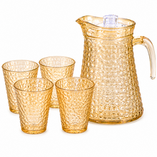 Amber Hammered Glass Pitcher and 4-Piece Tumbler Set with Lid, Textured Drinkware Serving Set
