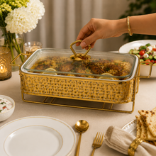 Elegant Star Pattern Gold Rectangular Serving Dish with Glass Lid and Metal Stand - 8.5"