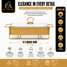 Elegant Star Pattern Gold Rectangular Serving Dish with Glass Lid and Metal Stand - 8.5"