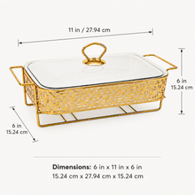 Elegant Star Pattern Gold Rectangular Serving Dish with Glass Lid and Metal Stand - 8.5"