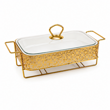 Elegant Star Pattern Gold Rectangular Serving Dish with Glass Lid and Metal Stand - 8.5"