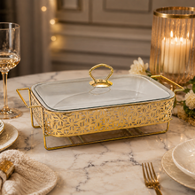 Elegant Gold Rectangular Serving Dish with Glass Lid and Star-Pattern Metal Stand, 10-Inch