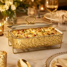 Elegant Gold Rectangular Serving Dish with Glass Lid and Star-Pattern Metal Stand, 10-Inch