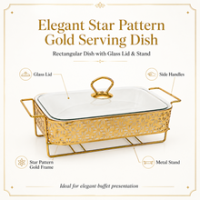 Elegant Gold Rectangular Serving Dish with Glass Lid and Star-Pattern Metal Stand, 10-Inch