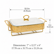Elegant Gold Rectangular Serving Dish with Glass Lid and Star-Pattern Metal Stand, 10-Inch