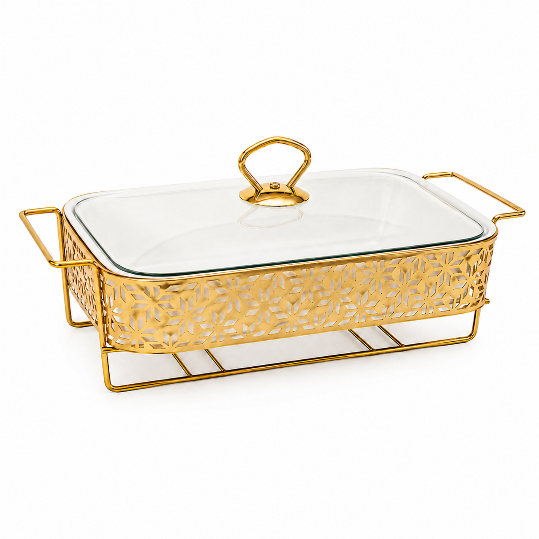 Elegant Gold Rectangular Serving Dish with Glass Lid and Star-Pattern Metal Stand, 10-Inch