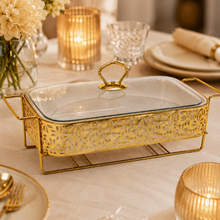 Elegant Gold Rectangular Serving Dish with Glass Lid and Star-Pattern Metal Stand, 12-Inch