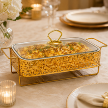 Elegant Gold Rectangular Serving Dish with Glass Lid and Star-Pattern Metal Stand, 12-Inch