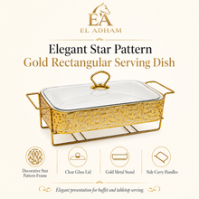 Elegant Gold Rectangular Serving Dish with Glass Lid and Star-Pattern Metal Stand, 12-Inch