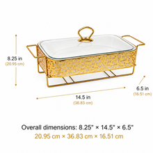 Elegant Gold Rectangular Serving Dish with Glass Lid and Star-Pattern Metal Stand, 12-Inch