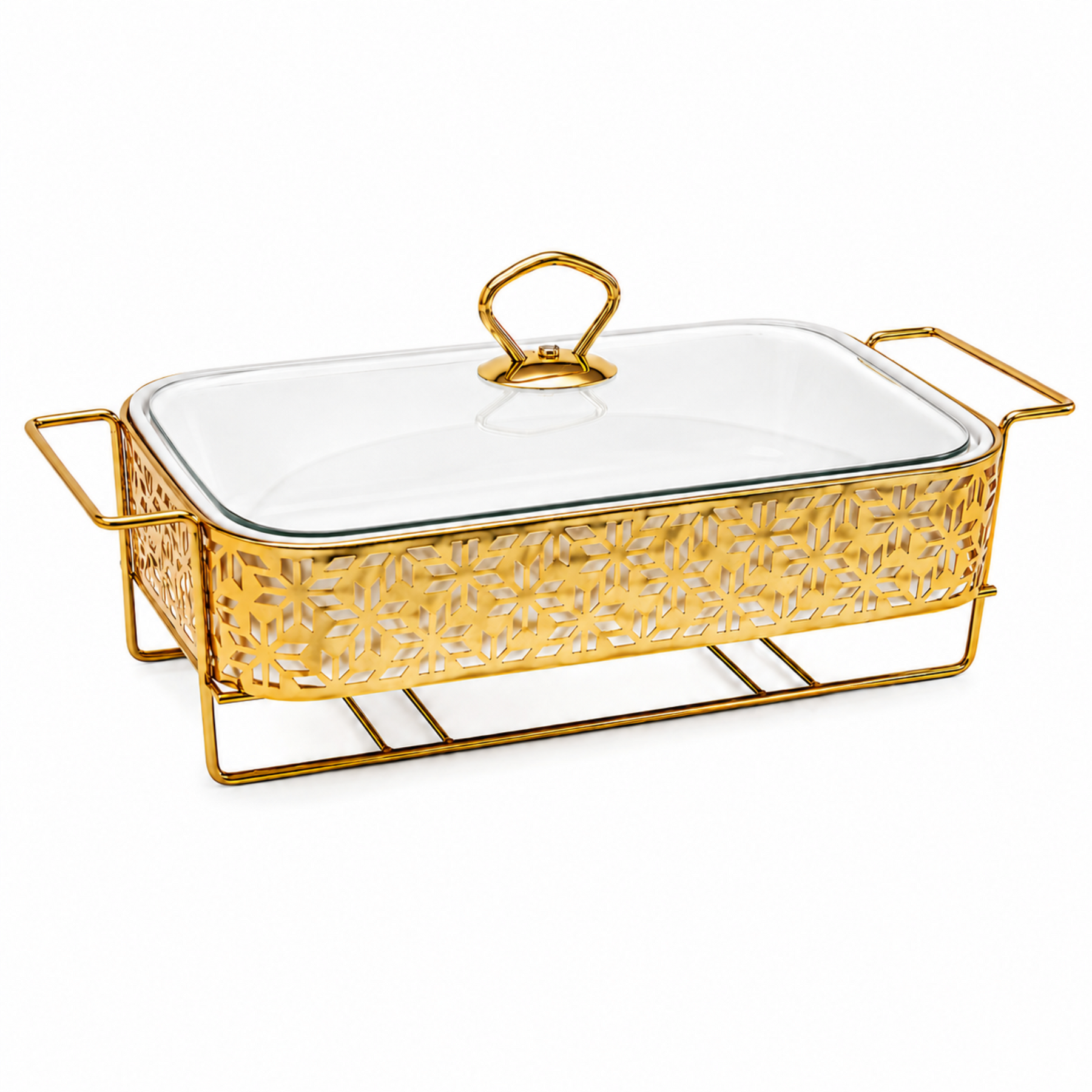 Elegant Gold Rectangular Serving Dish with Glass Lid and Star-Pattern Metal Stand, 12-Inch