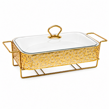 Elegant Gold Rectangular Serving Dish with Glass Lid and Star-Pattern Metal Stand, 12-Inch