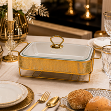 Elegant Stripe Pattern Gold Rectangular Serving Dish with Glass Lid and Metal Stand - 8.5"