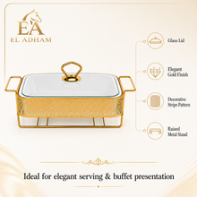 Elegant Stripe Pattern Gold Rectangular Serving Dish with Glass Lid and Metal Stand - 8.5"