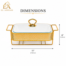 Elegant Stripe Pattern Gold Rectangular Serving Dish with Glass Lid and Metal Stand - 8.5"