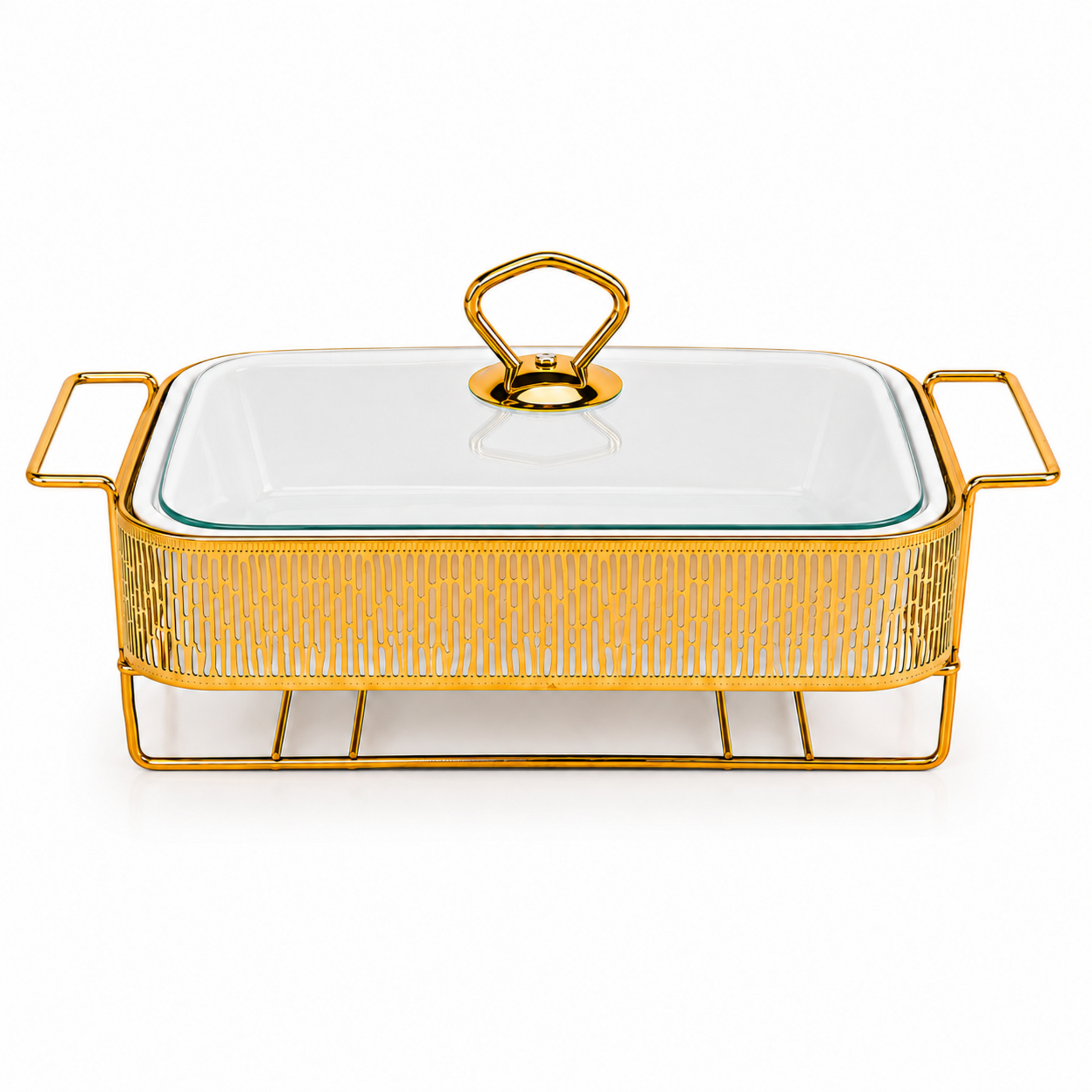 Elegant Stripe Pattern Gold Rectangular Serving Dish with Glass Lid and Metal Stand - 8.5"