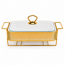 Elegant Stripe Pattern Gold Rectangular Serving Dish with Glass Lid and Metal Stand - 8.5"