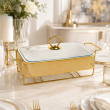 Elegant Stripe Pattern Gold Rectangular Serving Dish with Glass Lid and Metal Stand - 10"