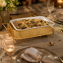 Elegant Stripe Pattern Gold Rectangular Serving Dish with Glass Lid and Metal Stand - 10"