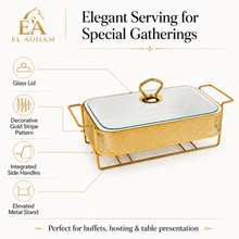 Elegant Stripe Pattern Gold Rectangular Serving Dish with Glass Lid and Metal Stand - 10"