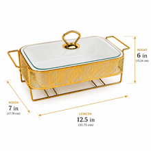 Elegant Stripe Pattern Gold Rectangular Serving Dish with Glass Lid and Metal Stand - 10"