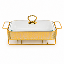 Elegant Stripe Pattern Gold Rectangular Serving Dish with Glass Lid and Metal Stand - 10"